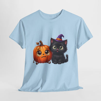 Halloween Black Cat & Pumpkin T‑Shirt — Cute Witch Hat Kitty Fall Tee