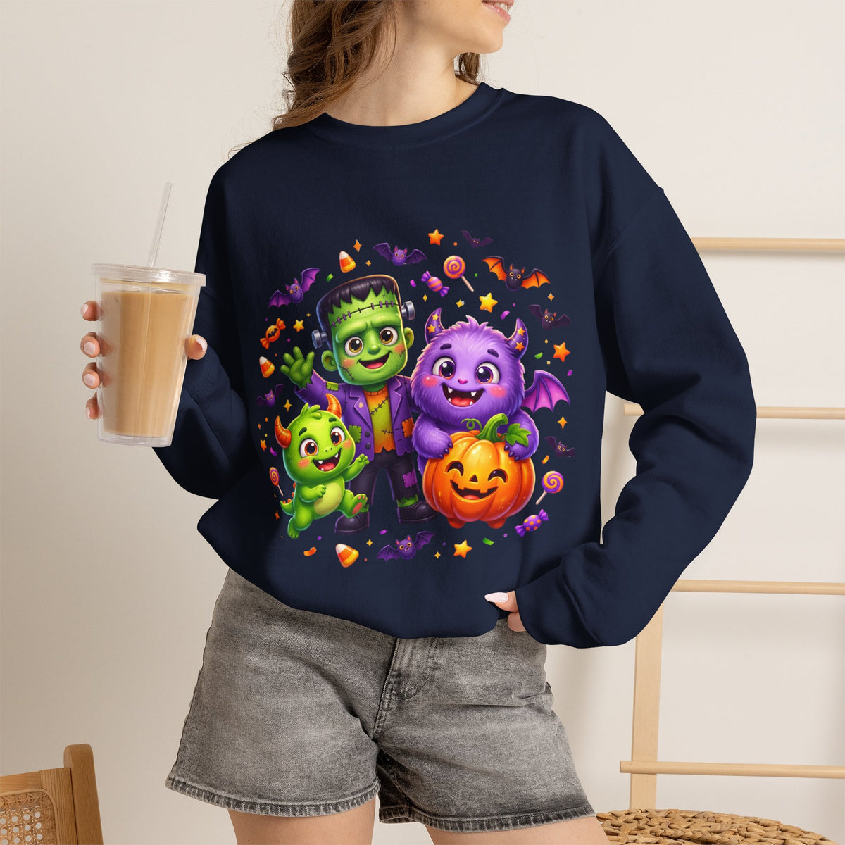 Halloween Monster Crewneck Sweatshirt — Cute Frankenstein, Vampire & Pumpkin Design
