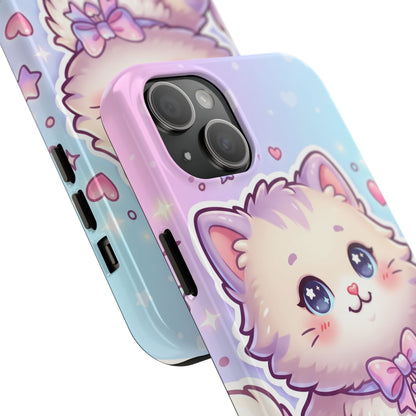 Cute Pastel Kawaii Kitten Tough Phone Case — Cute Cat with Bow Protective Cover