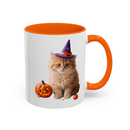 Halloween Cat Coffee Mug with Witch Hat and Pumpkin