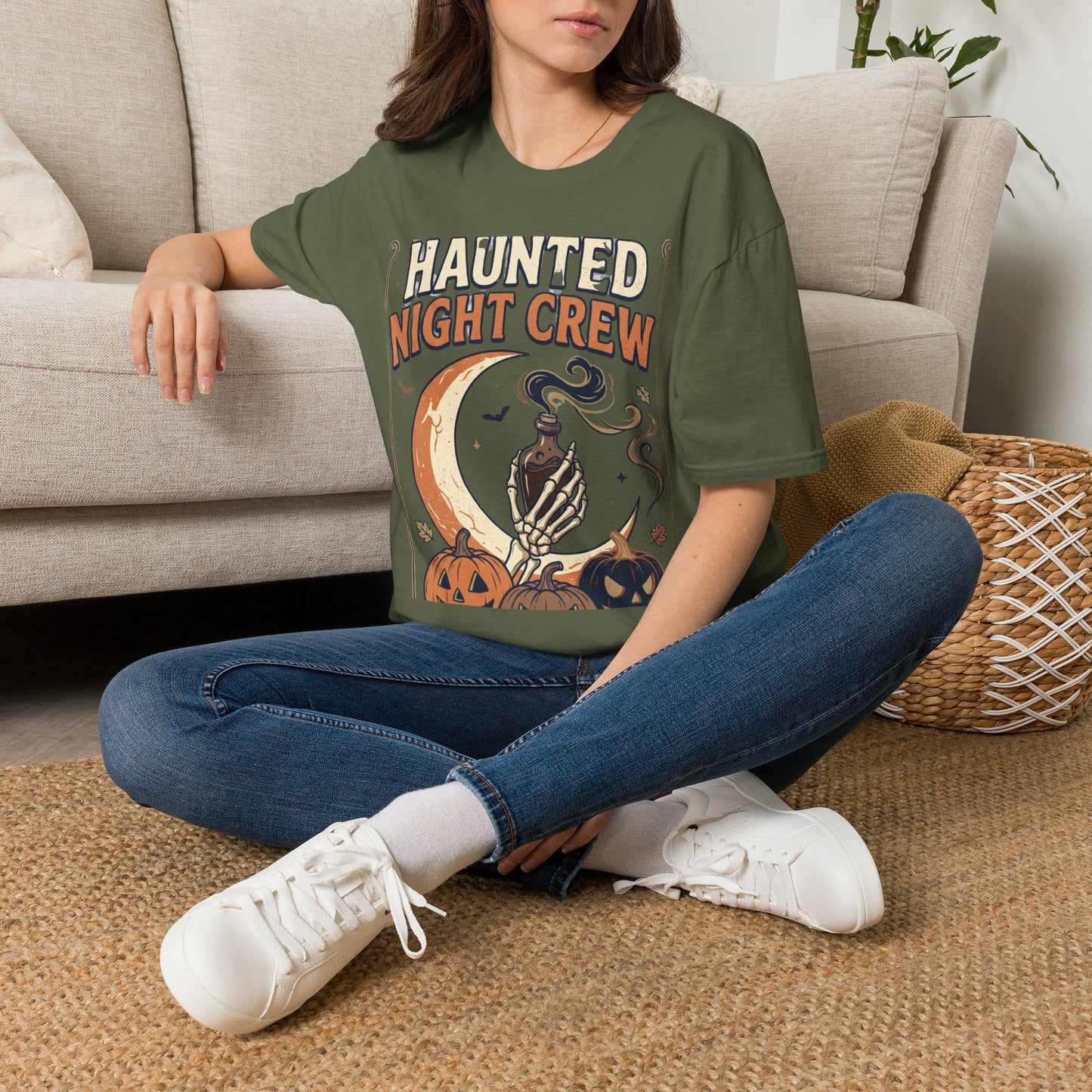 Haunted Night Crew T-Shirt — Retro Halloween Skeleton & Pumpkin Tee