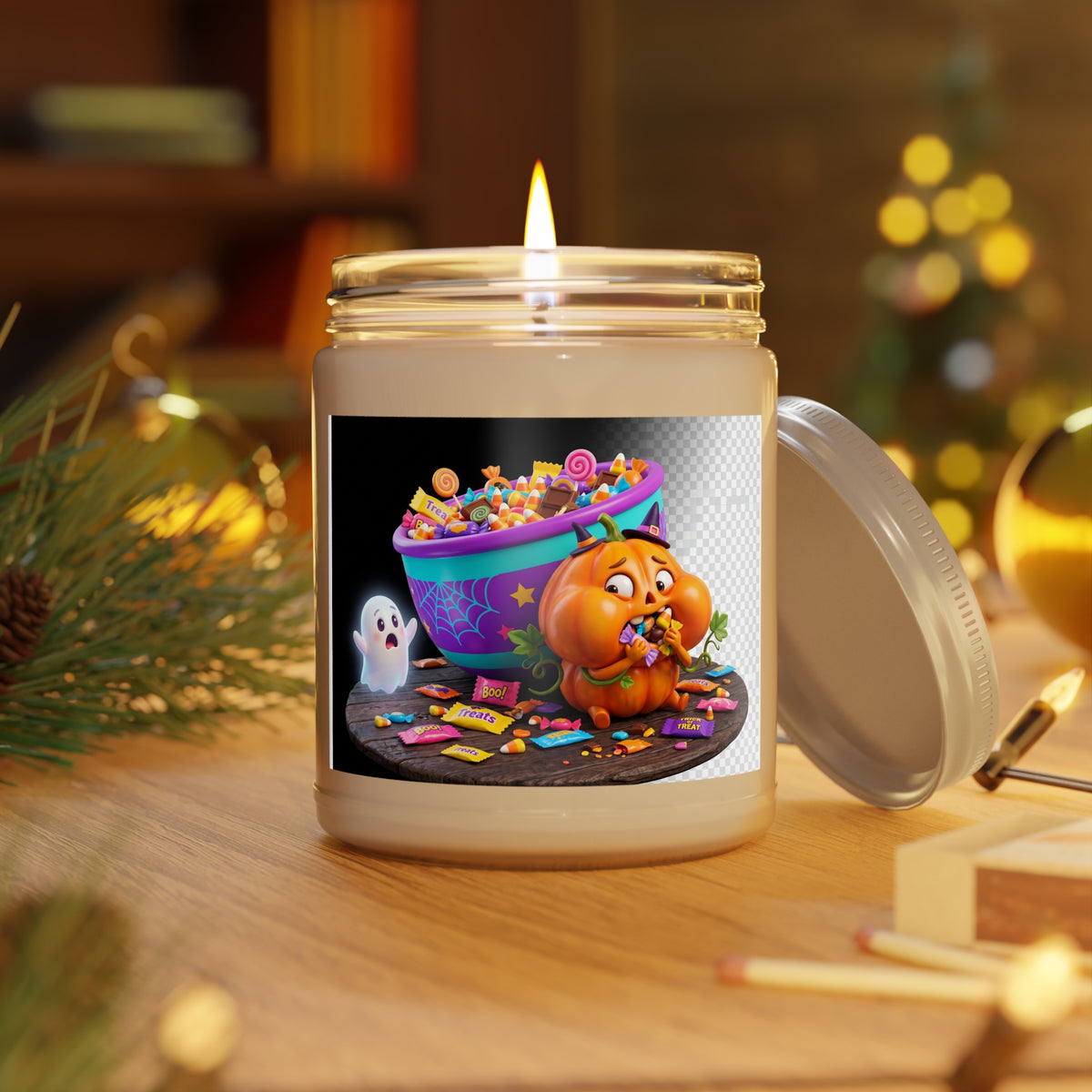 Halloween Pumpkin Candy Jar Candle — 9oz Scented Soy Candle with White Lid