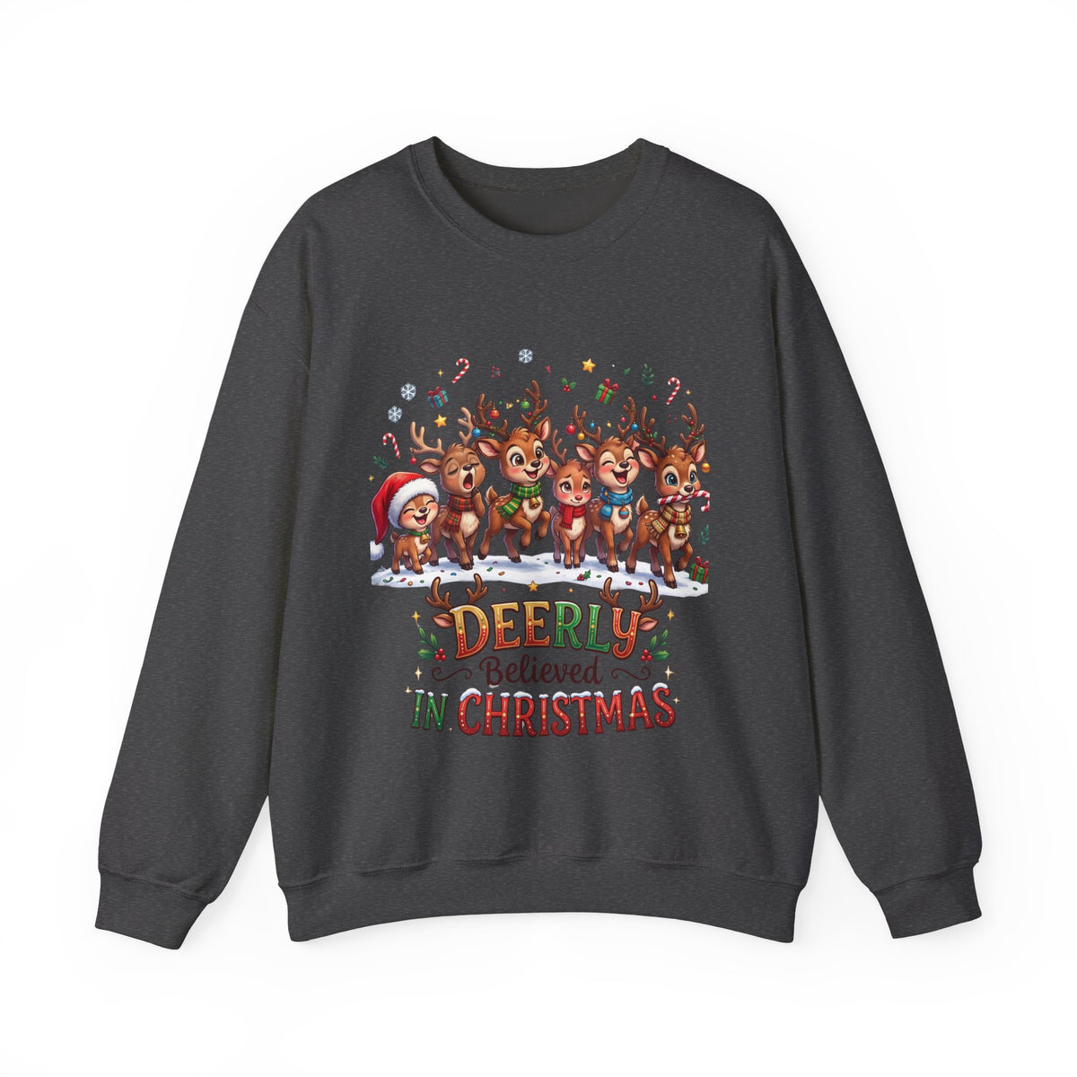 Christmas Reindeer Crewneck Sweatshirt — "Deerly Believed in Christmas" Holiday Pullover