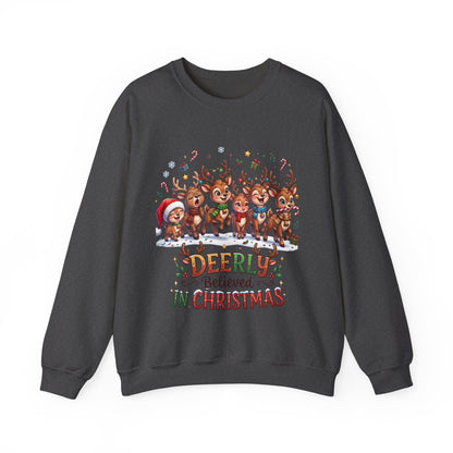 Christmas Reindeer Crewneck Sweatshirt — "Deerly Believed in Christmas" Holiday Pullover
