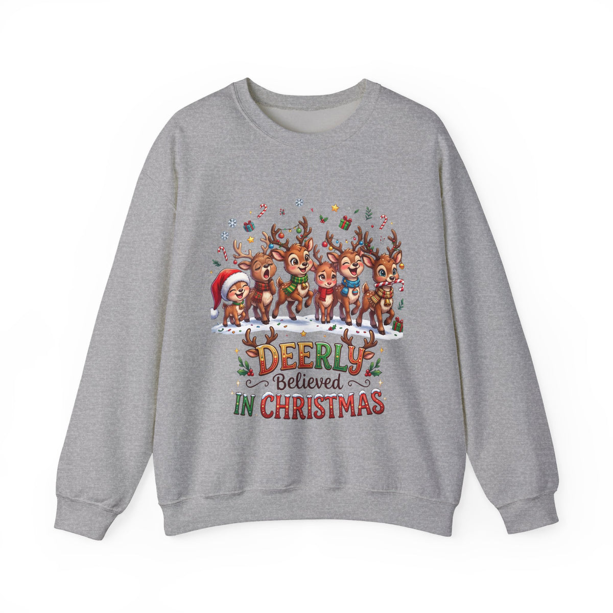 Christmas Reindeer Crewneck Sweatshirt — "Deerly Believed in Christmas" Holiday Pullover