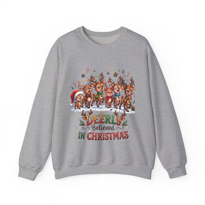 Christmas Reindeer Crewneck Sweatshirt — "Deerly Believed in Christmas" Holiday Pullover