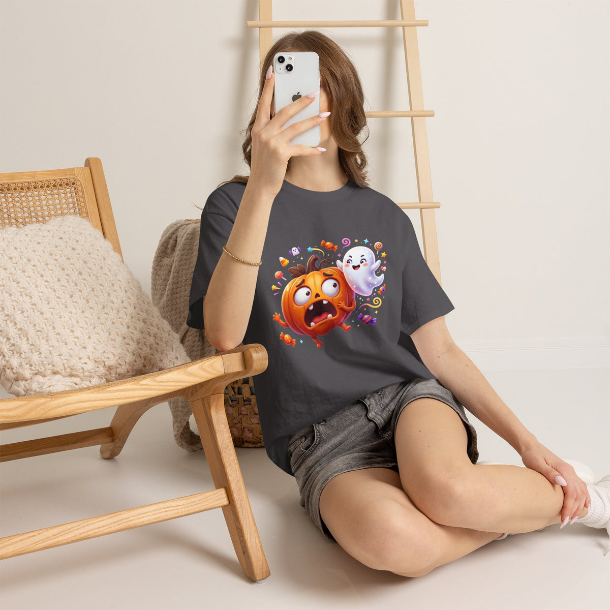Cute Halloween Pumpkin & Ghost Tee — Scared Pumpkin Candy Graphic T-Shirt