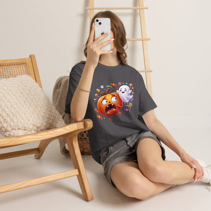 Cute Halloween Pumpkin & Ghost Tee — Scared Pumpkin Candy Graphic T-Shirt