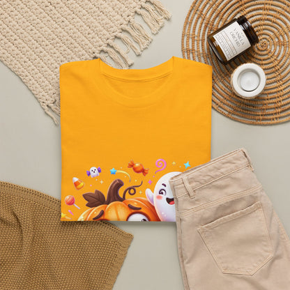 Cute Halloween Pumpkin & Ghost Tee — Scared Pumpkin Candy Graphic T-Shirt