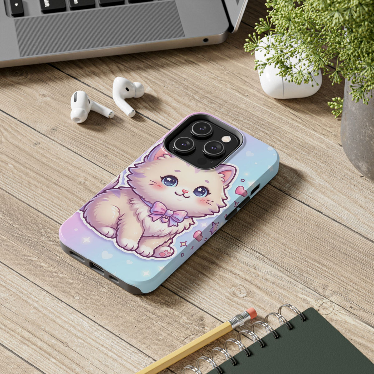 Cute Pastel Kawaii Kitten Tough Phone Case — Cute Cat with Bow Protective Cover