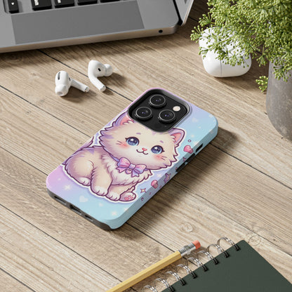 Cute Pastel Kawaii Kitten Tough Phone Case — Cute Cat with Bow Protective Cover