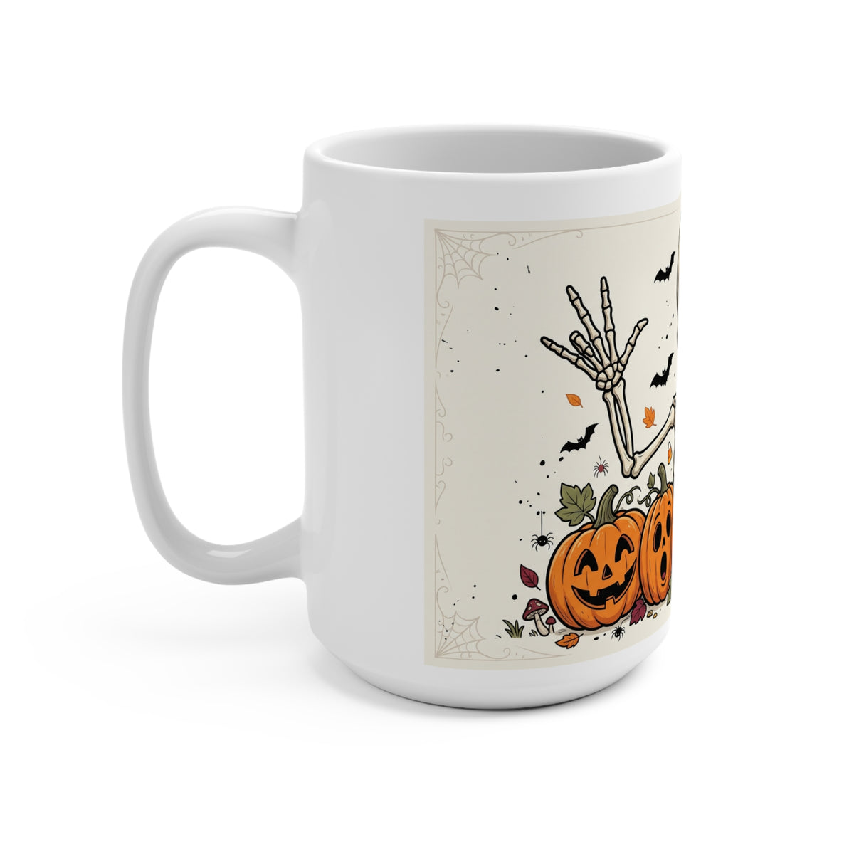 Halloween Skeleton & Jack-o'-Lantern 15oz Mug — Spooky Pumpkin Coffee Cup