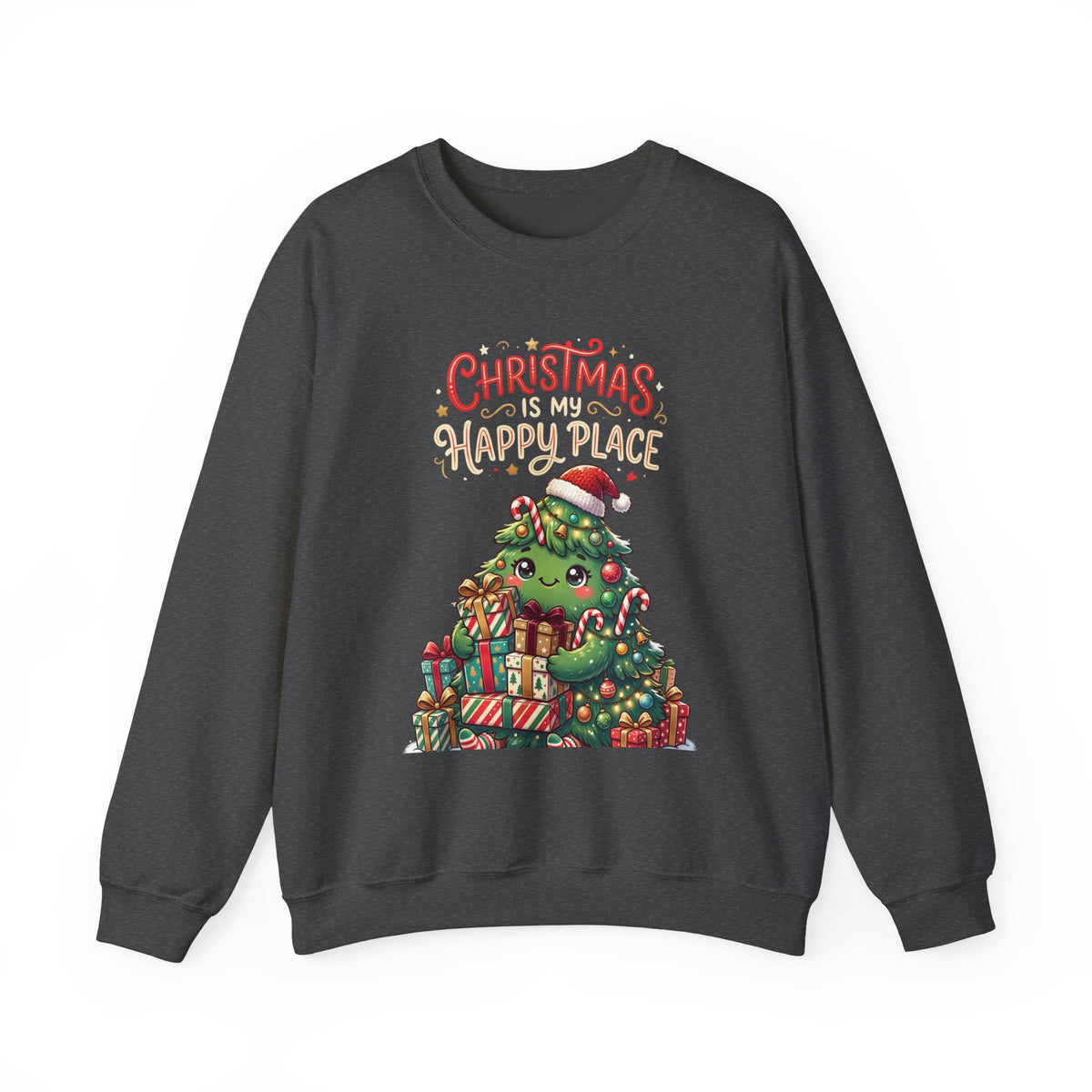 Christmas Happy Place Crewneck Sweatshirt — Cute Kawaii Tree & Gifts Holiday Sweatshirt