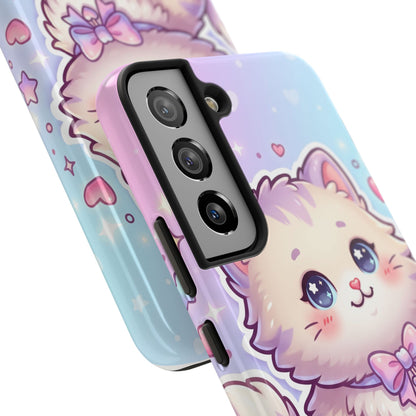 Cute Pastel Kawaii Kitten Tough Phone Case — Cute Cat with Bow Protective Cover