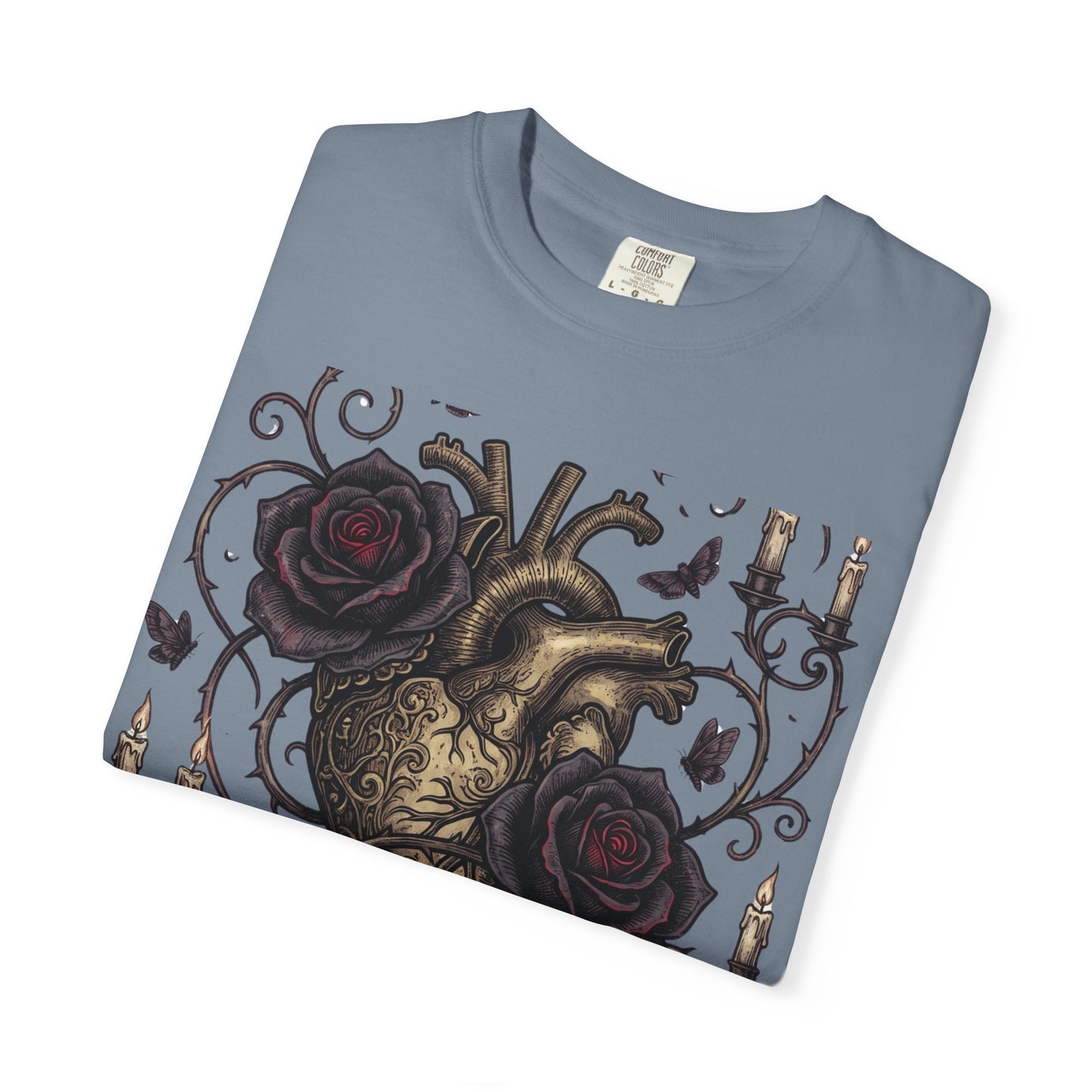 Love Never Dies Heart T-Shirt — Gothic Rose "Forever After Dark" Tee