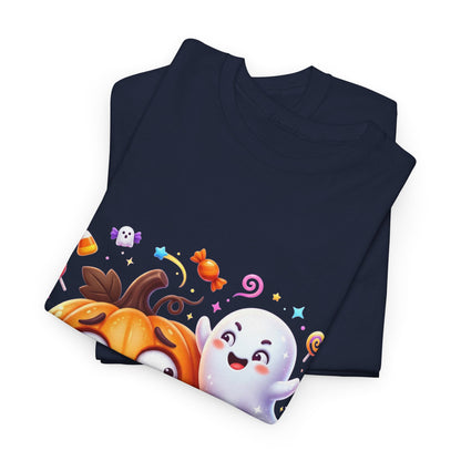 Cute Halloween Pumpkin & Ghost Tee — Scared Pumpkin Candy Graphic T-Shirt
