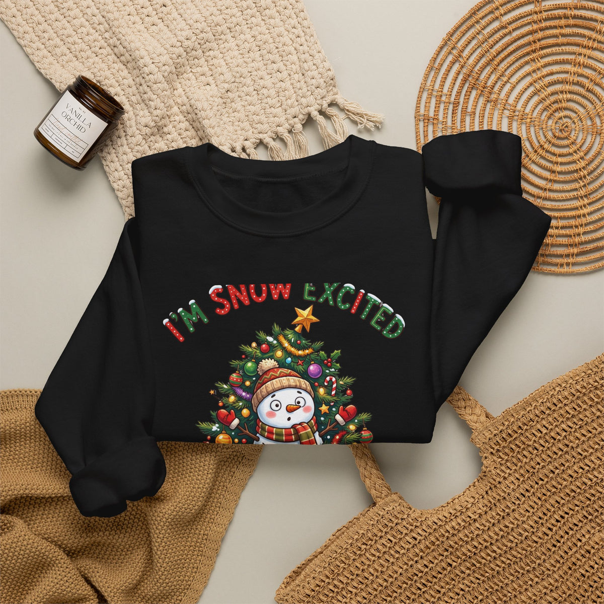Christmas Sweatshirt – "I’m Snow Excited for Christmas" Cute Snowman Tree Holiday Crewneck