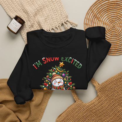 Christmas Sweatshirt – "I’m Snow Excited for Christmas" Cute Snowman Tree Holiday Crewneck