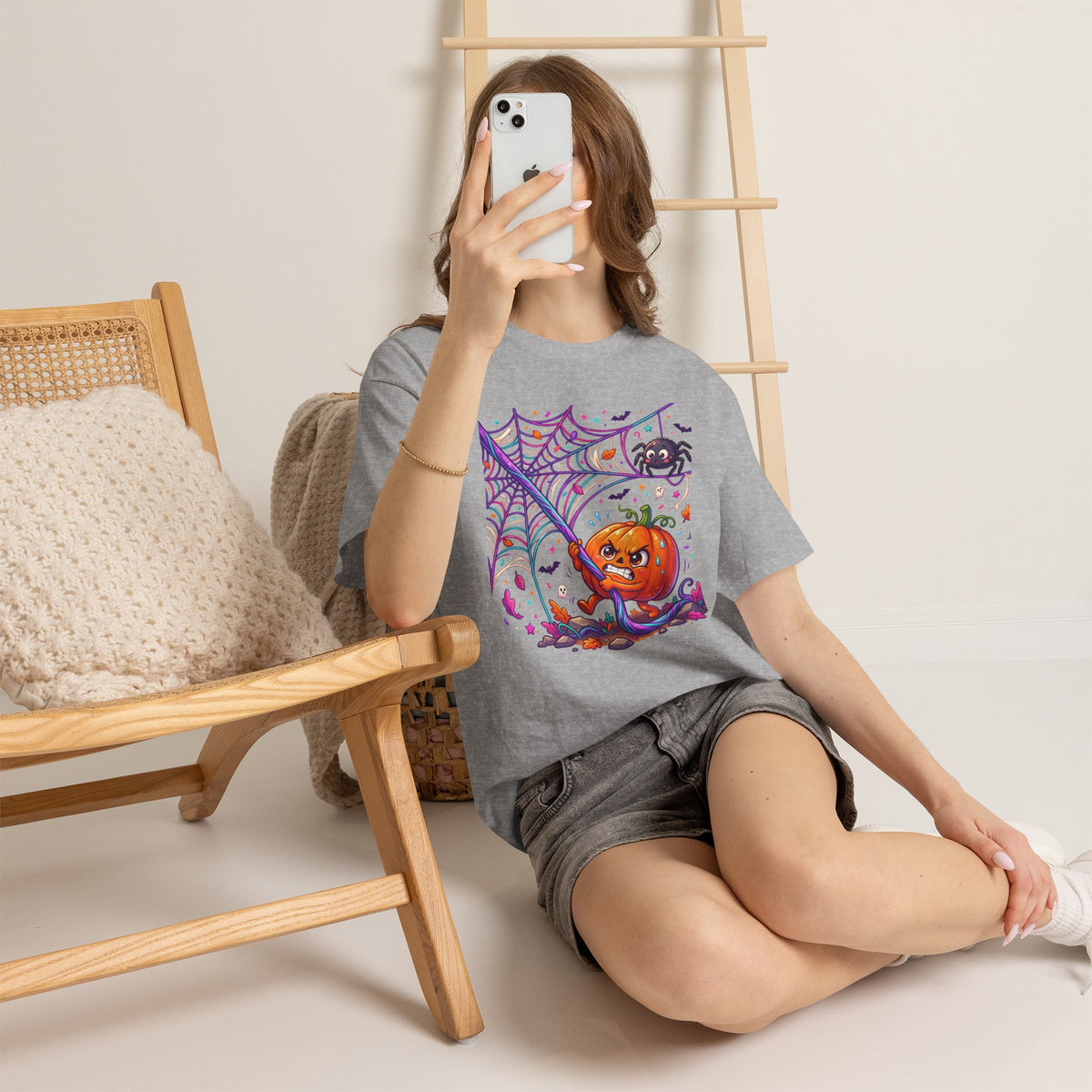 Pumpkin Spider Web Halloween T‑Shirt — Cute Spooky Pumpkin Cartoon Tee