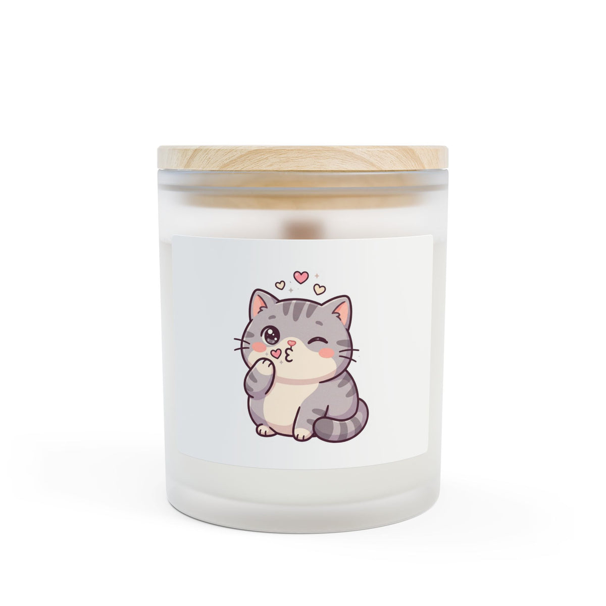 11oz Frosted Glass Candle — Cute Blushing Kitten Scented Candle (Wood Lid)