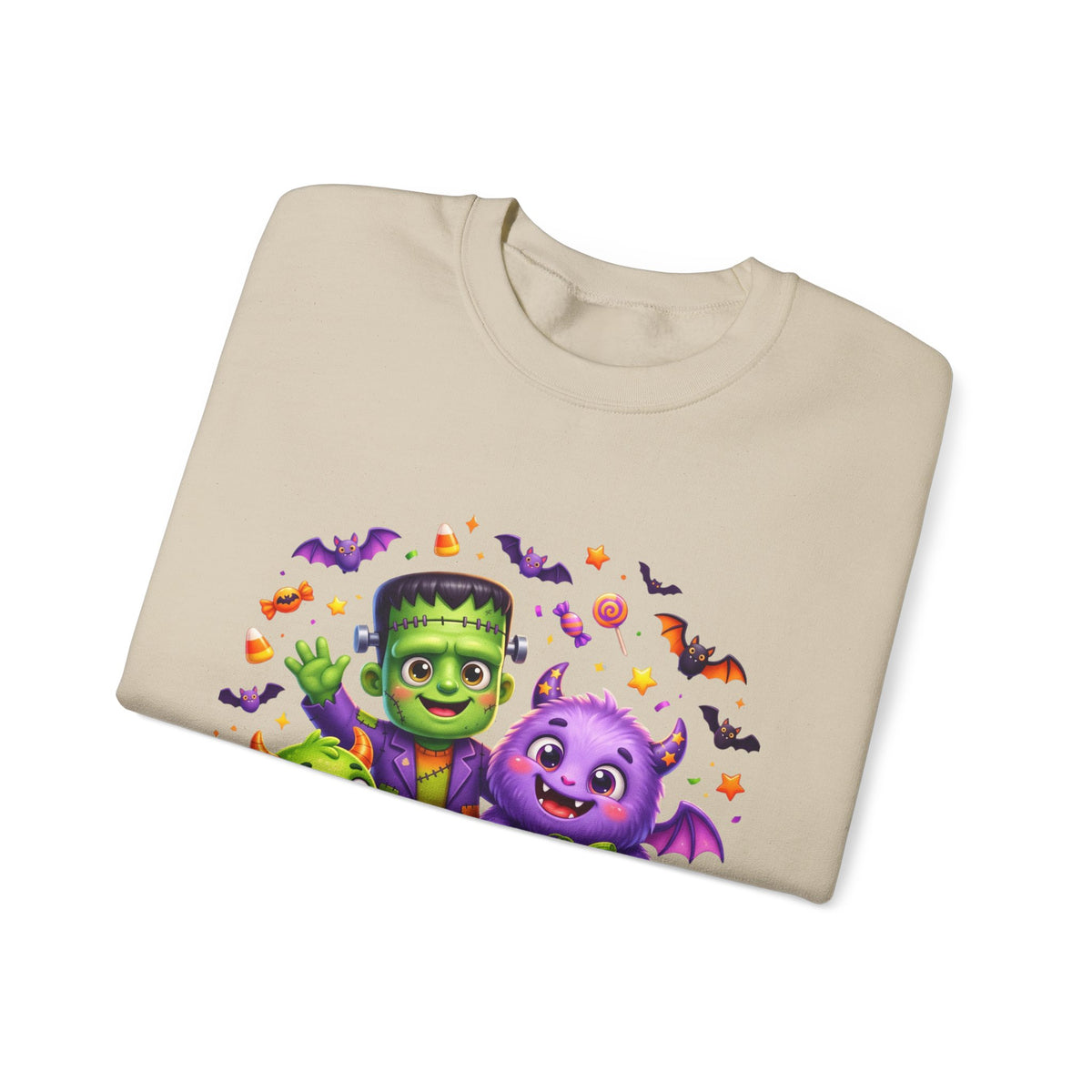 Halloween Monster Crewneck Sweatshirt — Cute Frankenstein, Vampire & Pumpkin Design