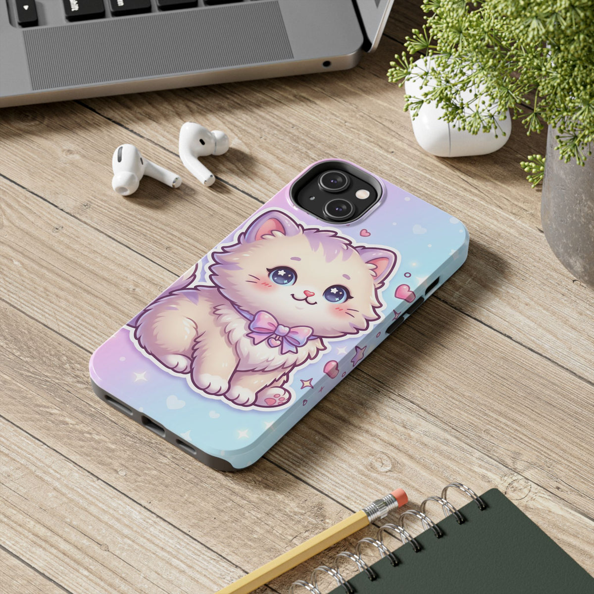 Cute Pastel Kawaii Kitten Tough Phone Case — Cute Cat with Bow Protective Cover