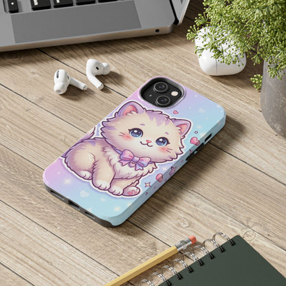 Cute Pastel Kawaii Kitten Tough Phone Case — Cute Cat with Bow Protective Cover