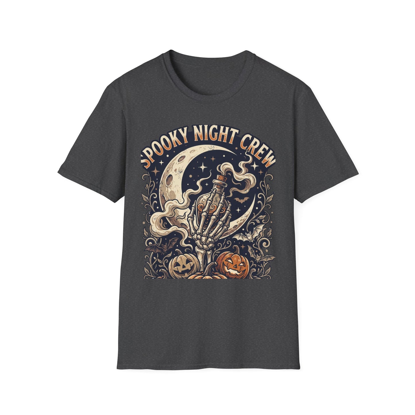 Spooky Night Crew T-Shirt — Vintage Halloween Moon & Skeleton Graphic