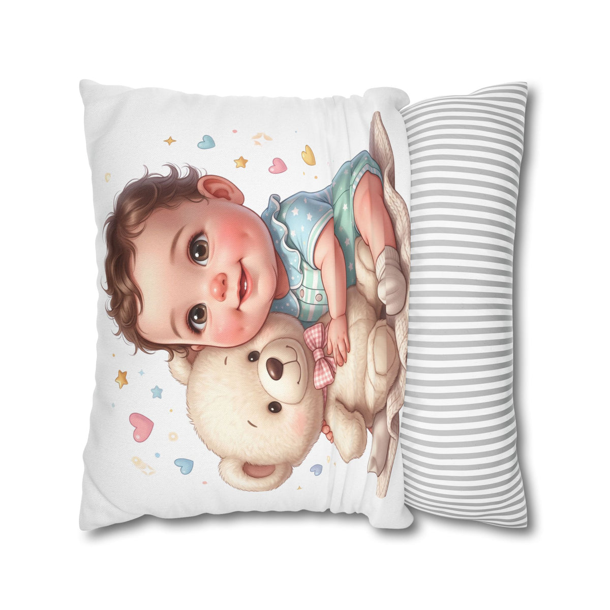 Baby & Teddy Square Pillowcase - Cute Infant Nursery Decorative Throw Pillow