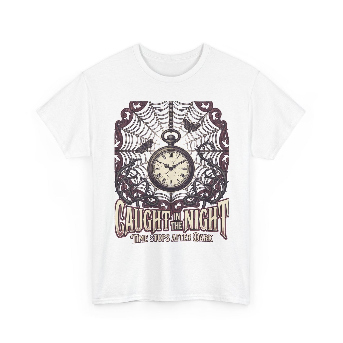Caught in the Night Pocket Watch Tee — Gothic Spiderweb Vintage Clock T‑Shirt