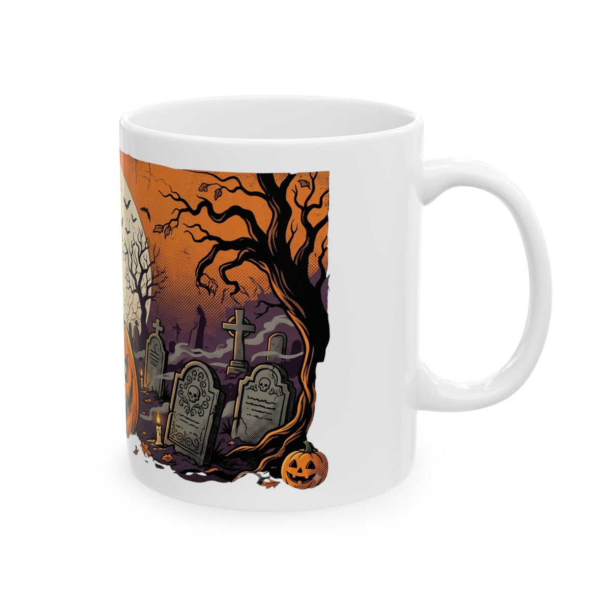 Halloween Pumpkin Mug — Spooky Graveyard Jack-o'-Lantern Ceramic Coffee Cup (11oz/15oz)