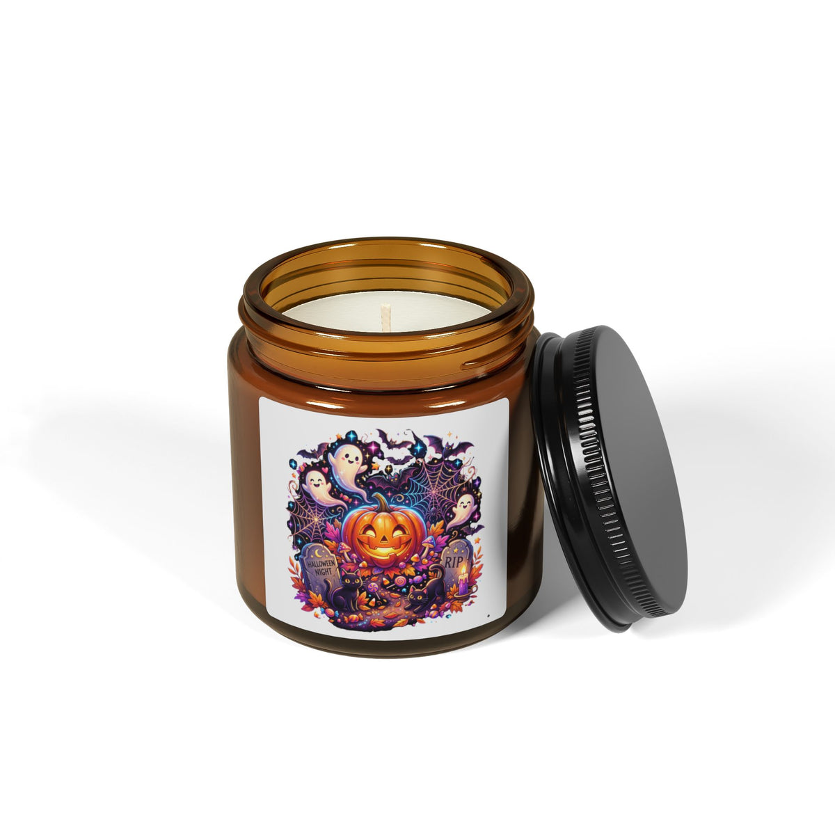 Halloween Pumpkin & Ghosts Soy Candle — Amber Jar (Scented, Multi-Size)