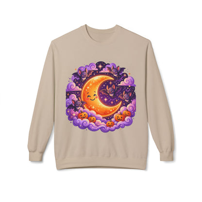 Halloween Moon Crewneck Sweatshirt — Cute Smiling Moon, Pumpkins & Bats Pullover