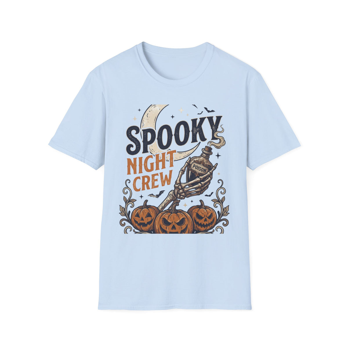 Spooky Night Crew T-Shirt — Halloween Moon, Skeleton & Pumpkins Tee