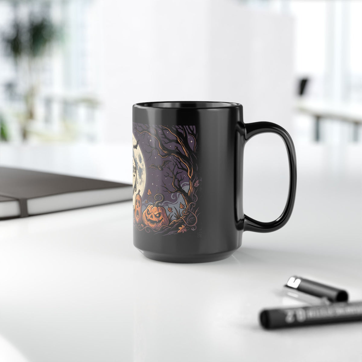 Halloween Ghost & Jack-o'-Lantern Black Mug (11oz, 15oz)