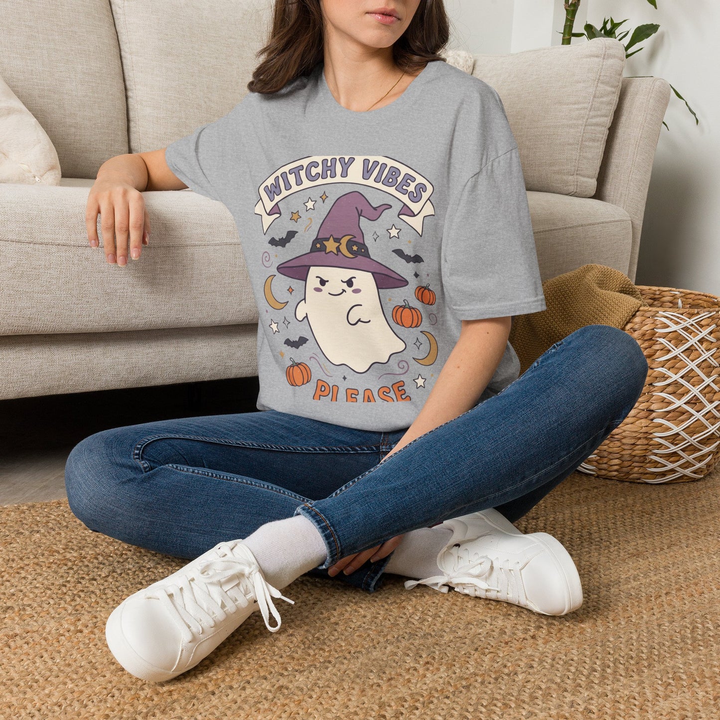 Witchy Vibes T‑Shirt — Cute Ghost Witch Halloween Tee