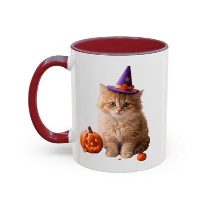 Halloween Cat Coffee Mug with Witch Hat and Pumpkin