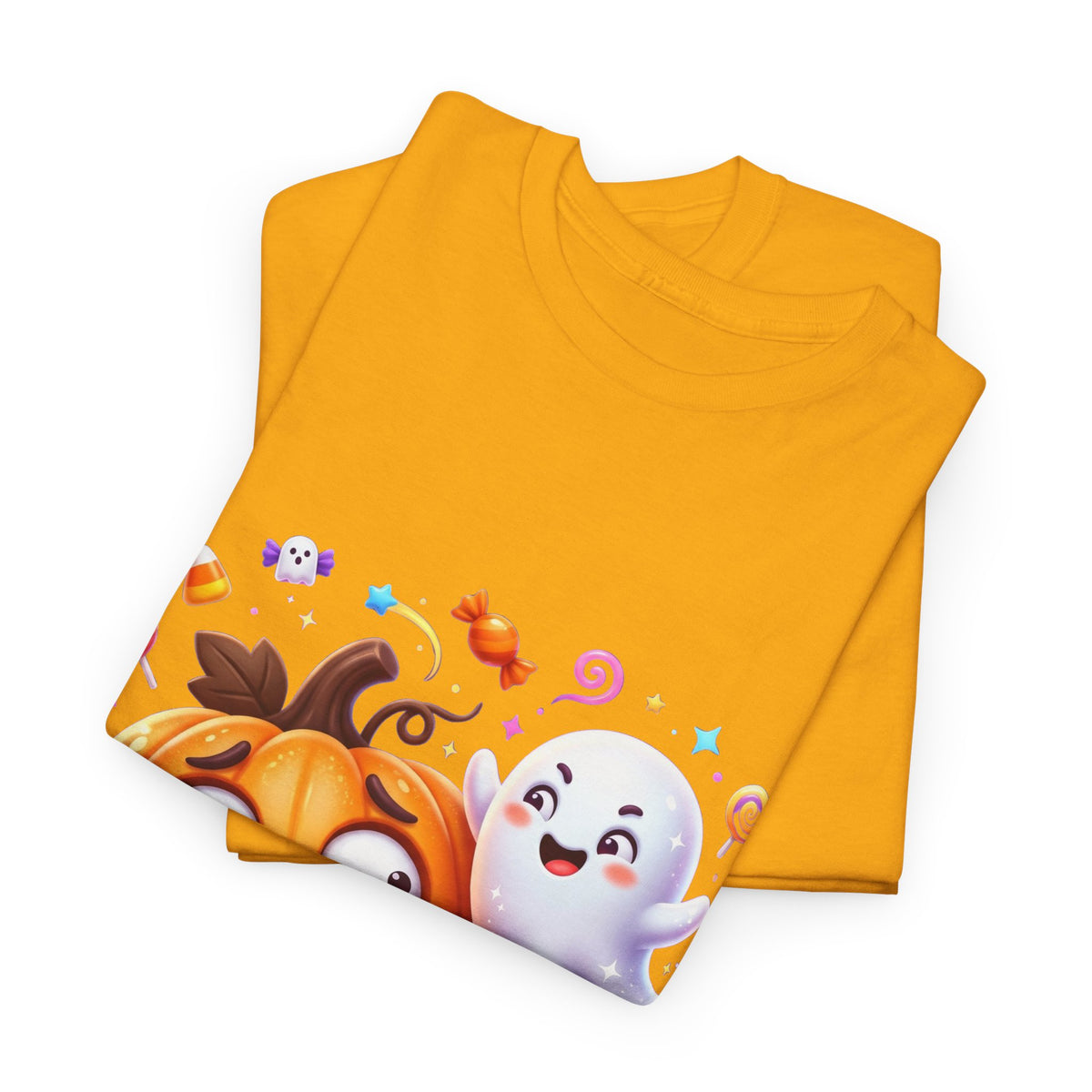 Cute Halloween Pumpkin & Ghost Tee — Scared Pumpkin Candy Graphic T-Shirt