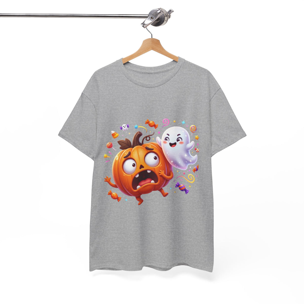 Cute Halloween Pumpkin & Ghost Tee — Scared Pumpkin Candy Graphic T-Shirt