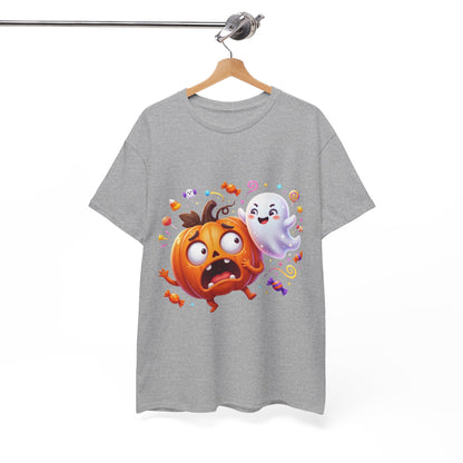 Cute Halloween Pumpkin & Ghost Tee — Scared Pumpkin Candy Graphic T-Shirt