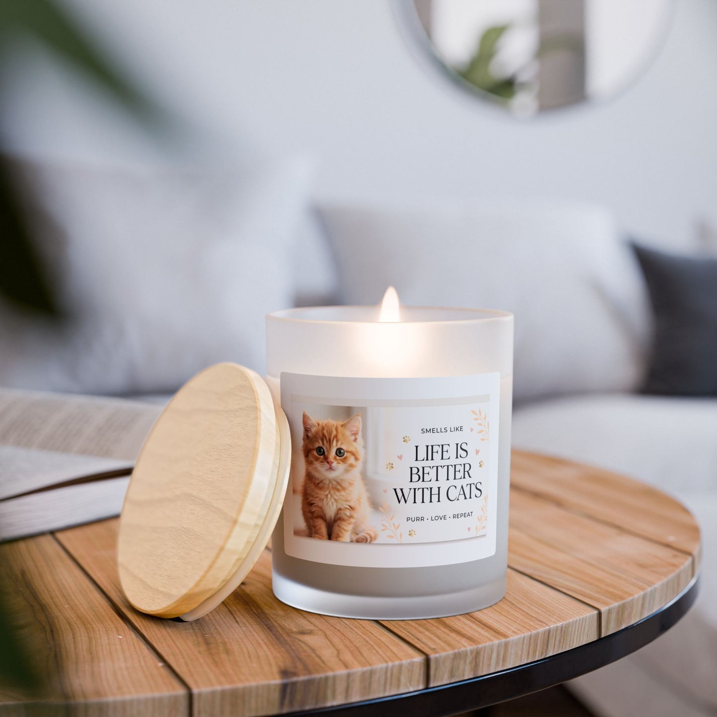 Life Is Better With Cats Frosted Glass Candle – 11oz Scented Soy Candle for Cat Lovers