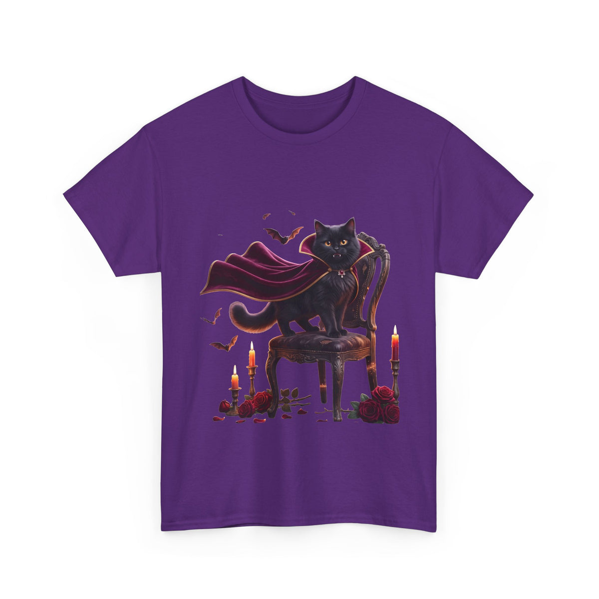 Vampire Cat Tee — Gothic Black Cat with Cape & Candles T-Shirt