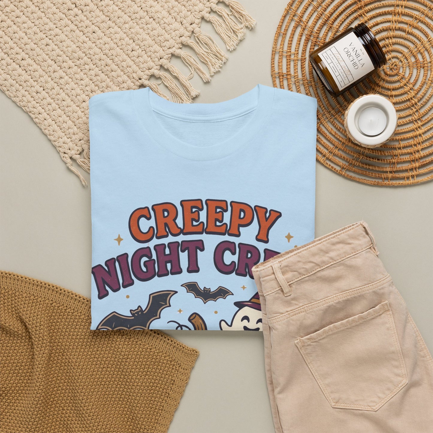 Creepy Night Crew Halloween T‑Shirt — Pumpkin & Ghost Graphic Tee