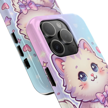 Cute Pastel Kawaii Kitten Tough Phone Case — Cute Cat with Bow Protective Cover