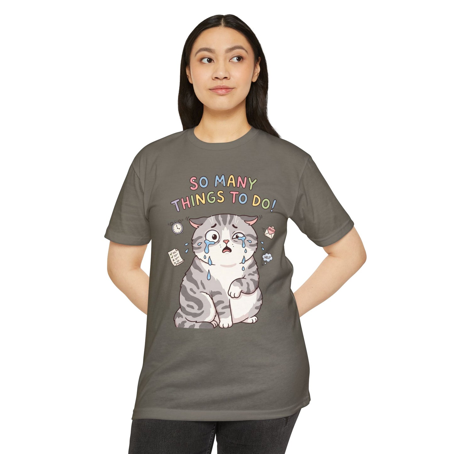 So Many Things To Do! Cat T-Shirt – Cute Overwhelmed Cat Graphic Tee