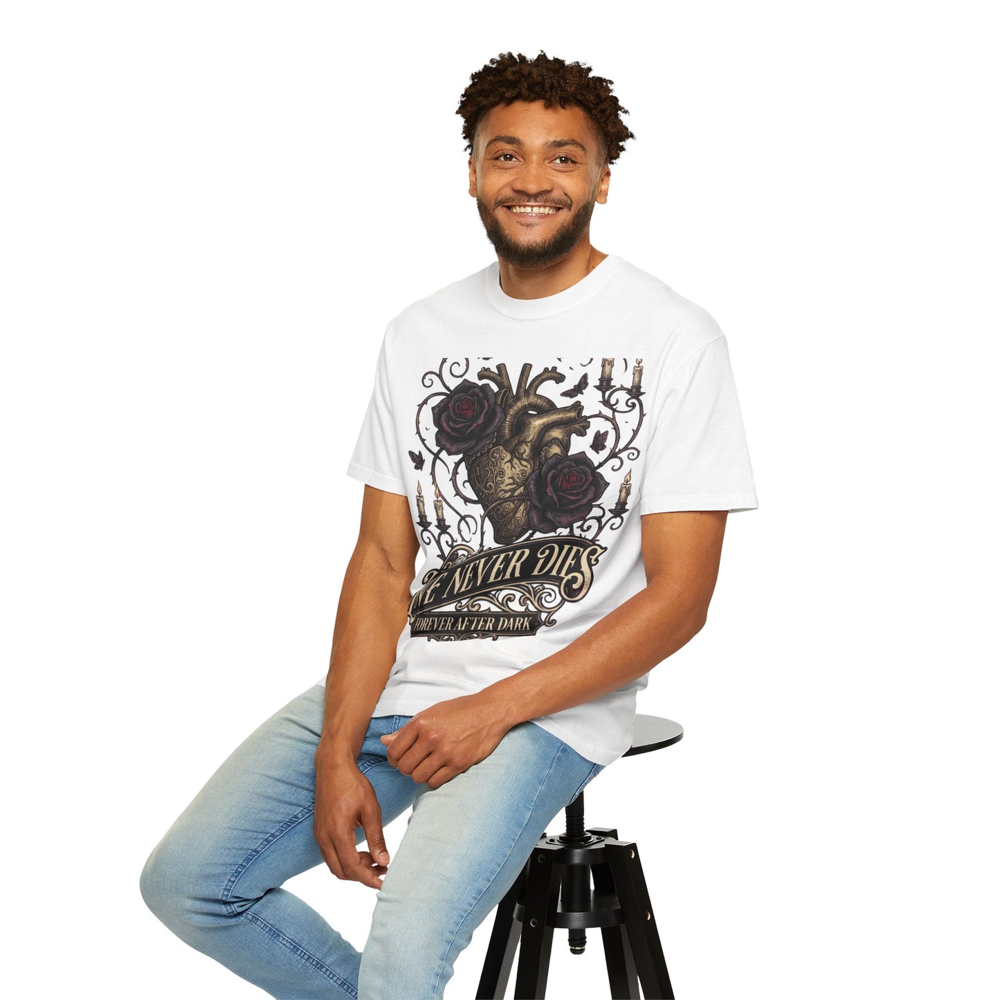 Love Never Dies Heart T-Shirt — Gothic Rose "Forever After Dark" Tee