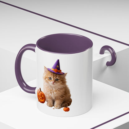 Halloween Cat Coffee Mug with Witch Hat and Pumpkin