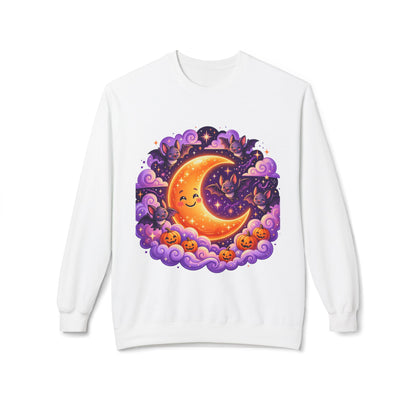 Halloween Moon Crewneck Sweatshirt — Cute Smiling Moon, Pumpkins & Bats Pullover