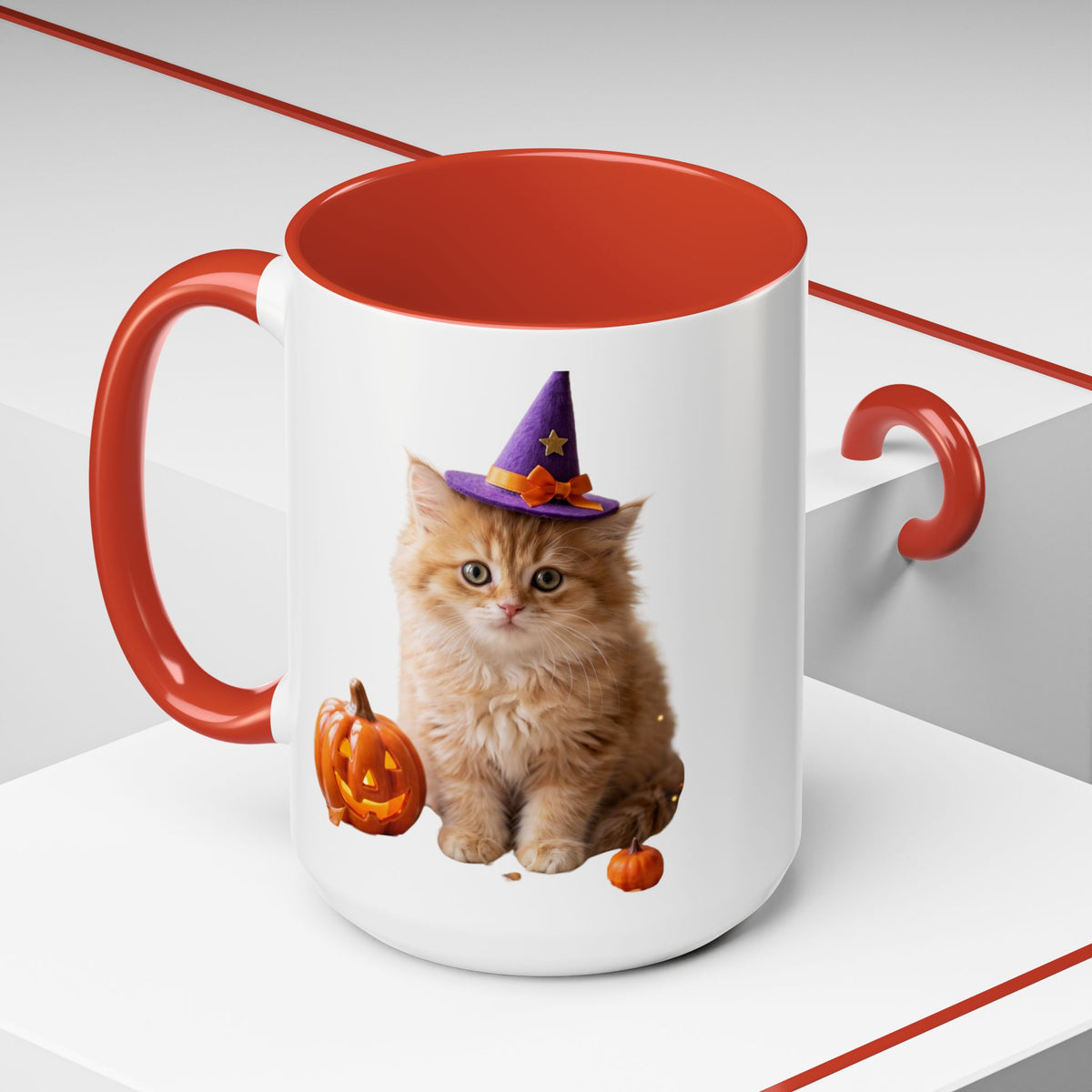 Halloween Cat Coffee Mug with Witch Hat and Pumpkin
