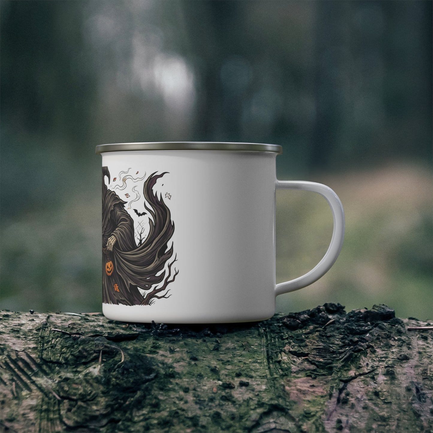 Halloween Grim Reaper Enamel Camping Mug – Spooky Pumpkin Skull Design